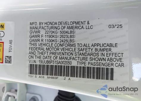 2025 Acura Tlx A-Spec Package из США, поврежденный, VIN 19UUB6F51SA002050